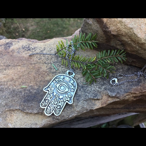 Silver hamsa evil eye necklace stainless steel handmade tribal boho bohemian - Picture 3 of 3
